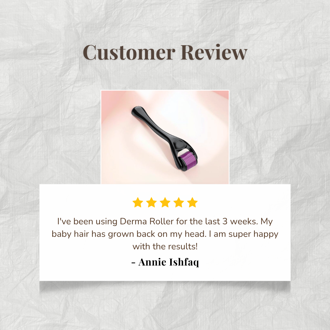Customer review of a derma roller by Auraé Beauty with text and rating. Best for hair growth.