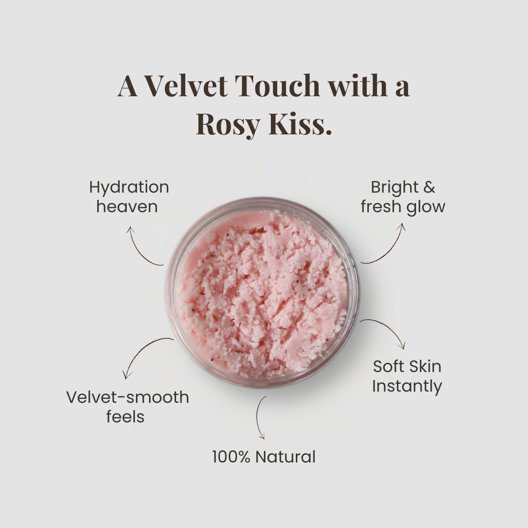Benefits of rose velvet body scrub by Auraé Beauty. 100% organic, chemical-free, no side effect. Best for dry & dull skin, dehydrated skin, rough skin and uneven skin tone.