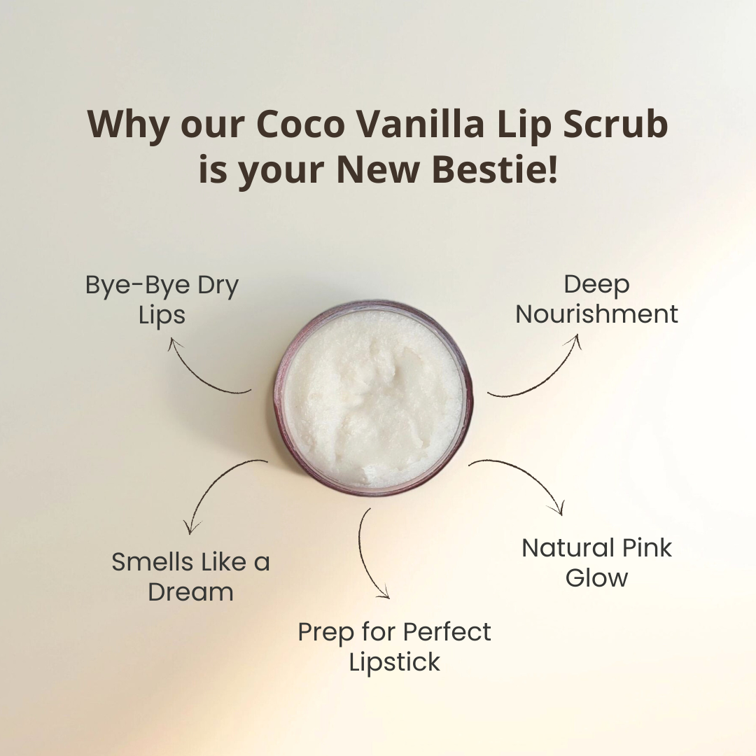 Benefits of organic sugar Coco Vanilla lip scrub by Auraé Beauty. no more dry lips, deep nourishment, smells like a dream