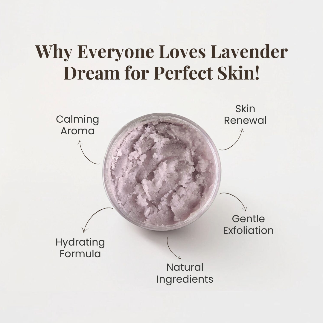 Benefits of lavender Dream body scrub by Auraé Beauty. 100% organic, chemical-free, no side effect. Best for pre-shave exfoliation, dull skin, rough patches, ingrown hair, acne and bumps.