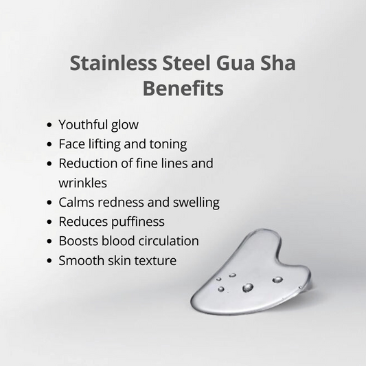Benefits of stainless steel gua sha by Auraé Beauty for face lifting, sleek and sharp jawline, better blood circulation and natural youthful glow.