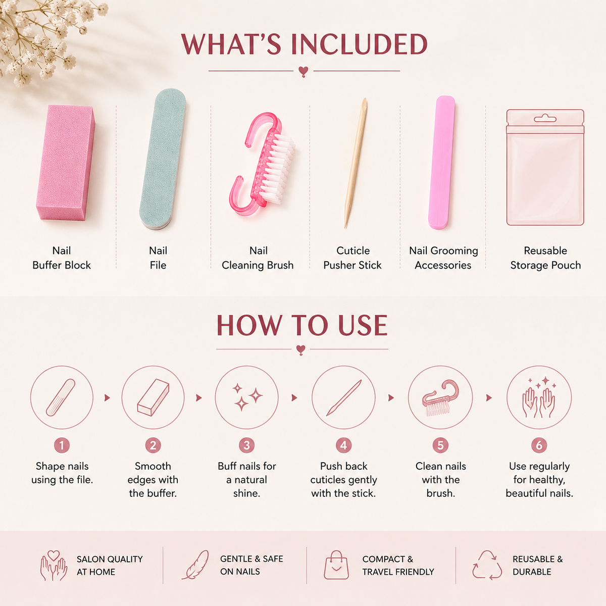 A 5 in 1 manicure and pedicure kit by Auraé Beauty featuring a pink nail file, a pink brush, and a wooden nail clipper for smooth, neat and clean spa like nails at home.