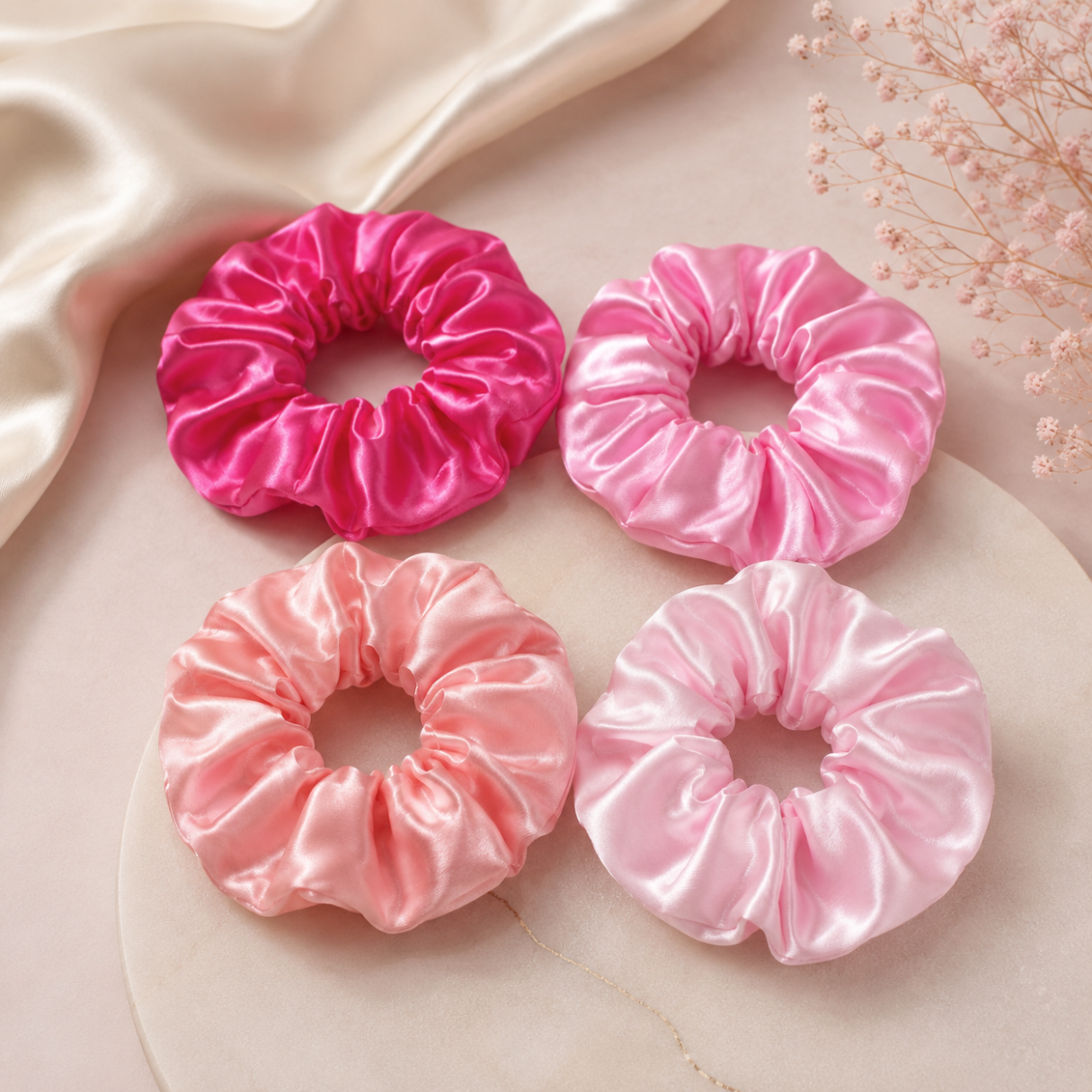 Pink Satin Hair Scrunchie Set (Pack of 4)