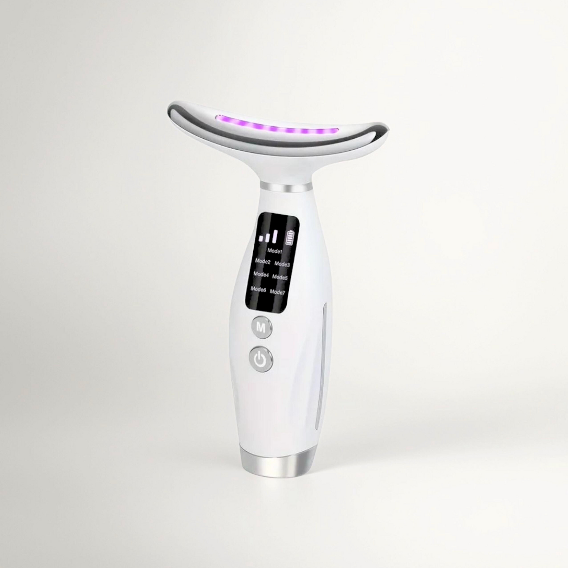 A handheld LED neck lifting and skin tightening device with a digital display and multiple color settings.