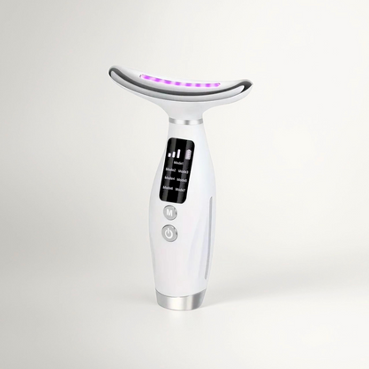 A handheld LED neck lifting and skin tightening device with a digital display and multiple color settings.