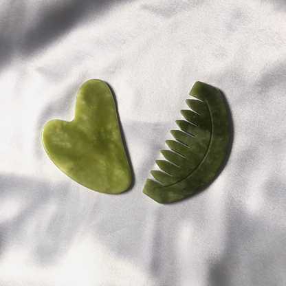 Jade glow duo includes pro jade gua sha stone by Auraé Beauty and jade gua sha comb for lifted face and relaxing head massage