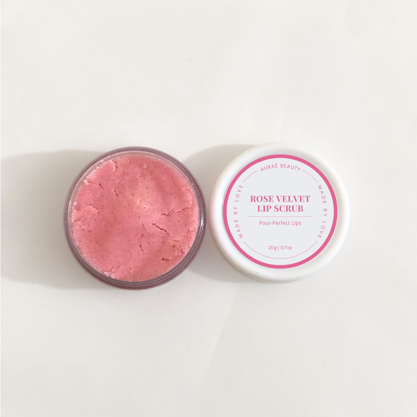 Organic pink velvet lip scrub by Auraé Beauty for pout perfect pink lips