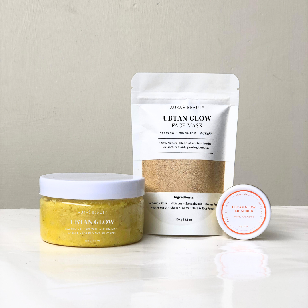Auraé Beauty Ubtan Glow skincare bundle. ubtan glow face mask, ubtan glow body scrub, ubtan glow lip scrub