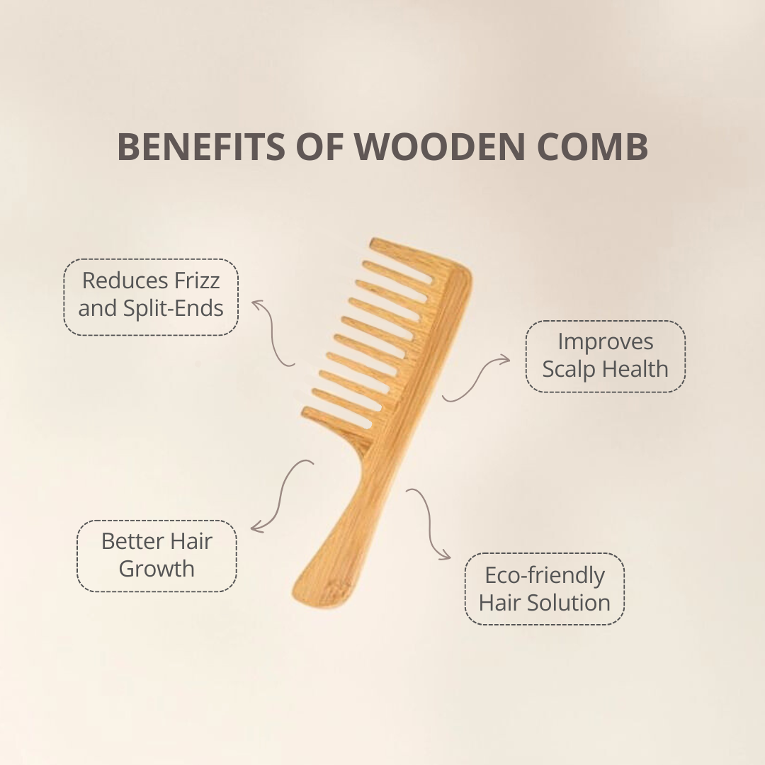Benefits of wooden comb. reduces frizz and split ends, improves scalp health, better hair growth, eco-friendly hair solution