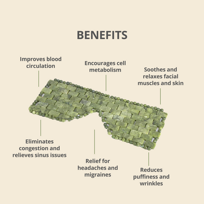 Benefits of cooling eye jade mask that improves blood circulation, relaxes muscles and skin, relieves inus issues, reduces puffiness and wrinkles