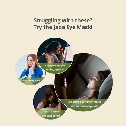 Advertisement for a jade eye mask with people experiencing eye strain and lack of sleep.