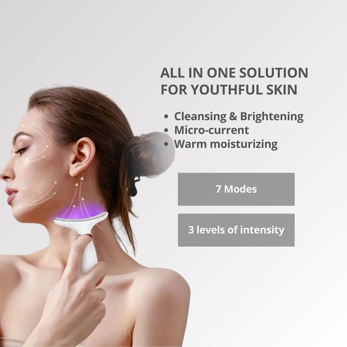 Woman using 7 color neck lifting skincare device for youthful skin solution.