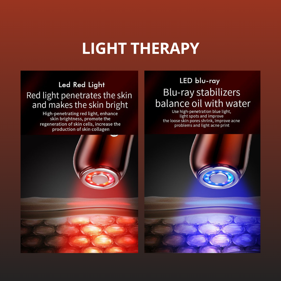 Light therapy device with red and blue lights on a dark background