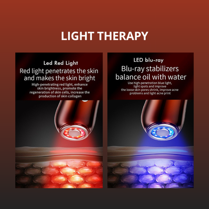 Light therapy device with red and blue lights on a dark background