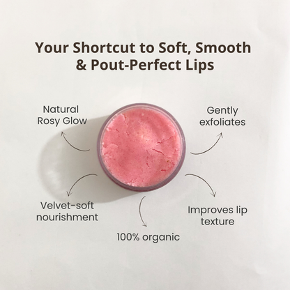 Benefits of organic sugar pink velvet lip scrub by Auraé Beauty. natural rosy glow, gentle exfoliation, velvet-soft nourishment, 100% natural