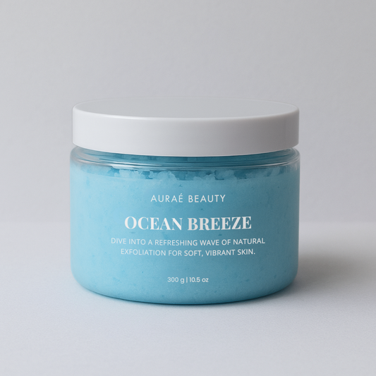 Jar of Ocean Breeze Body Scrub by Auraé Beauty for cracked, dehydrated and uneven skin