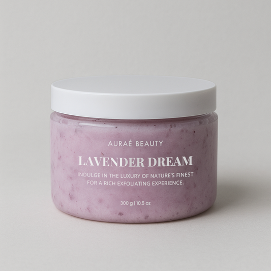 Jar of Lavender Dream Body Scrub by Auraé Beauty for refreshed, soft and smooth skin