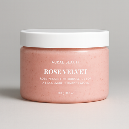 Jar of Rose Velvet body scrub by Auraé Beauty Rose Velvet scrub for pink rosy glow