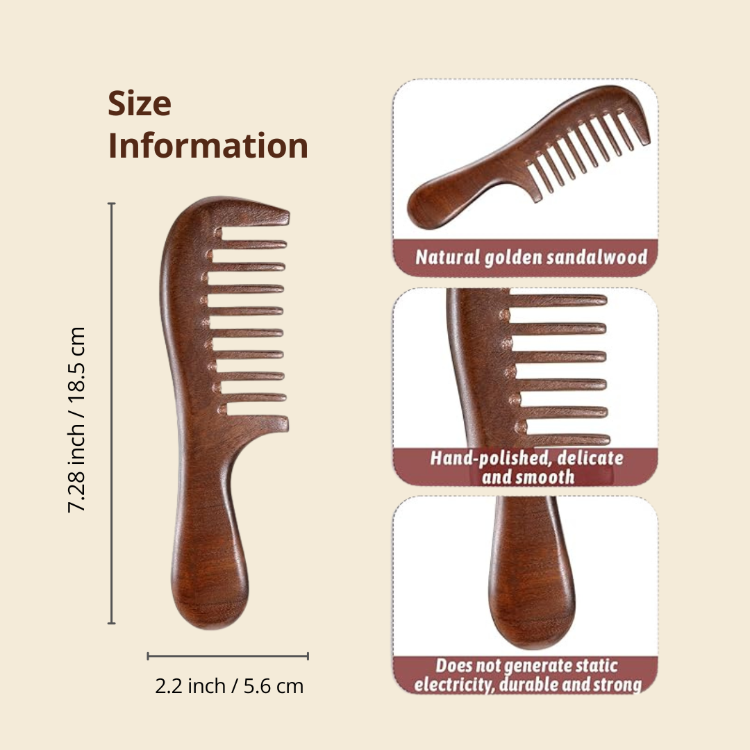 Auraé Beauty's Sandalwood Wide Tooth Wooden comb with size information and details. Healthy Hair. Frizz-free hair. Less Hair Breakage. Less Hairfall