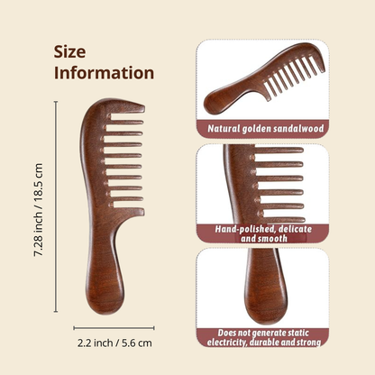 Auraé Beauty's Sandalwood Wide Tooth Wooden comb with size information and details. Healthy Hair. Frizz-free hair. Less Hair Breakage. Less Hairfall