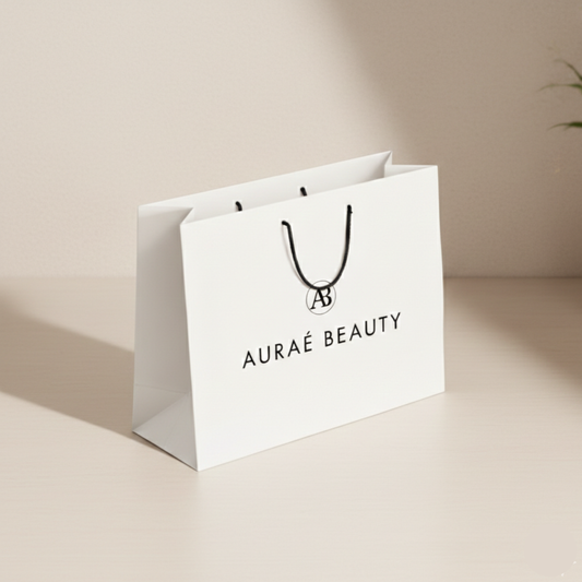 White shopping bag with 'Auraé Beauty' branding.