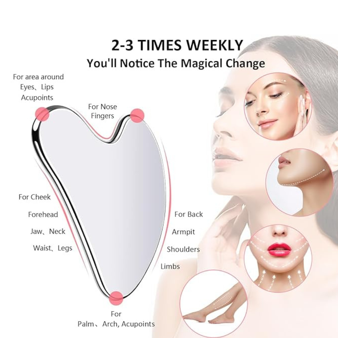 Usage of stainless steel gua sha on body parts for a relaxing massage