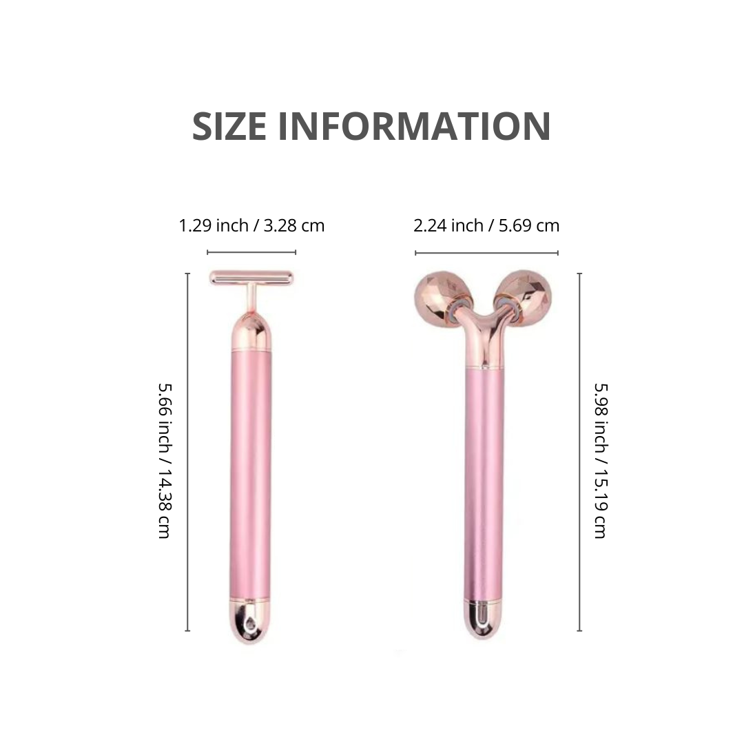 Size information of 2 in 1 electric facial massager that comes with 3D rollers and T-shape massager