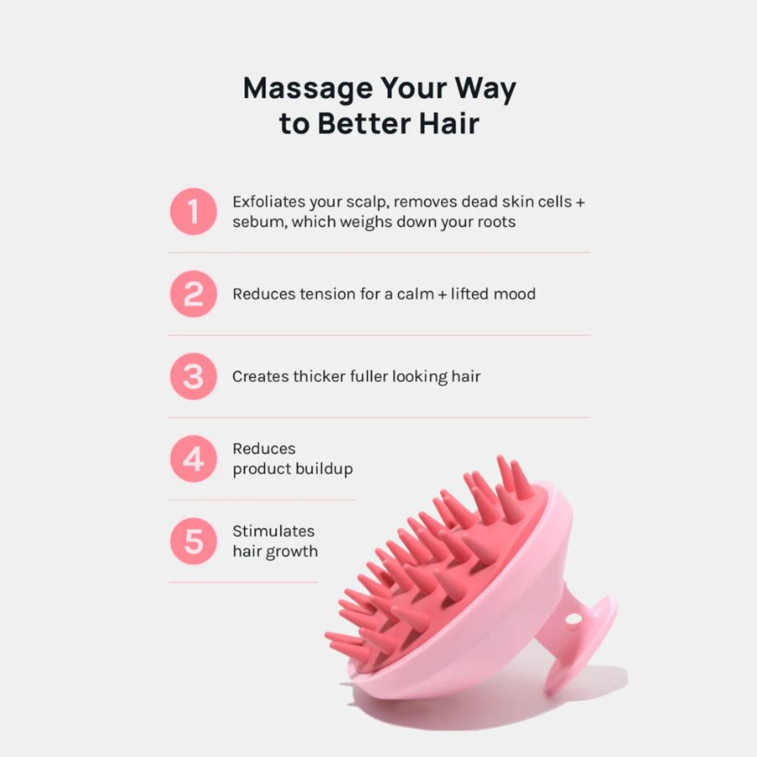 Massage benefits of scalp massager on the head and scalp. improved blood circulation, thicker and healthy hair, product buildup reduction, hair growth stimulation