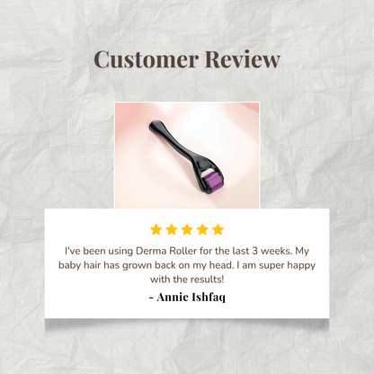 Customer review of a derma roller by Auraé Beauty with text and rating. Best for hair growth.