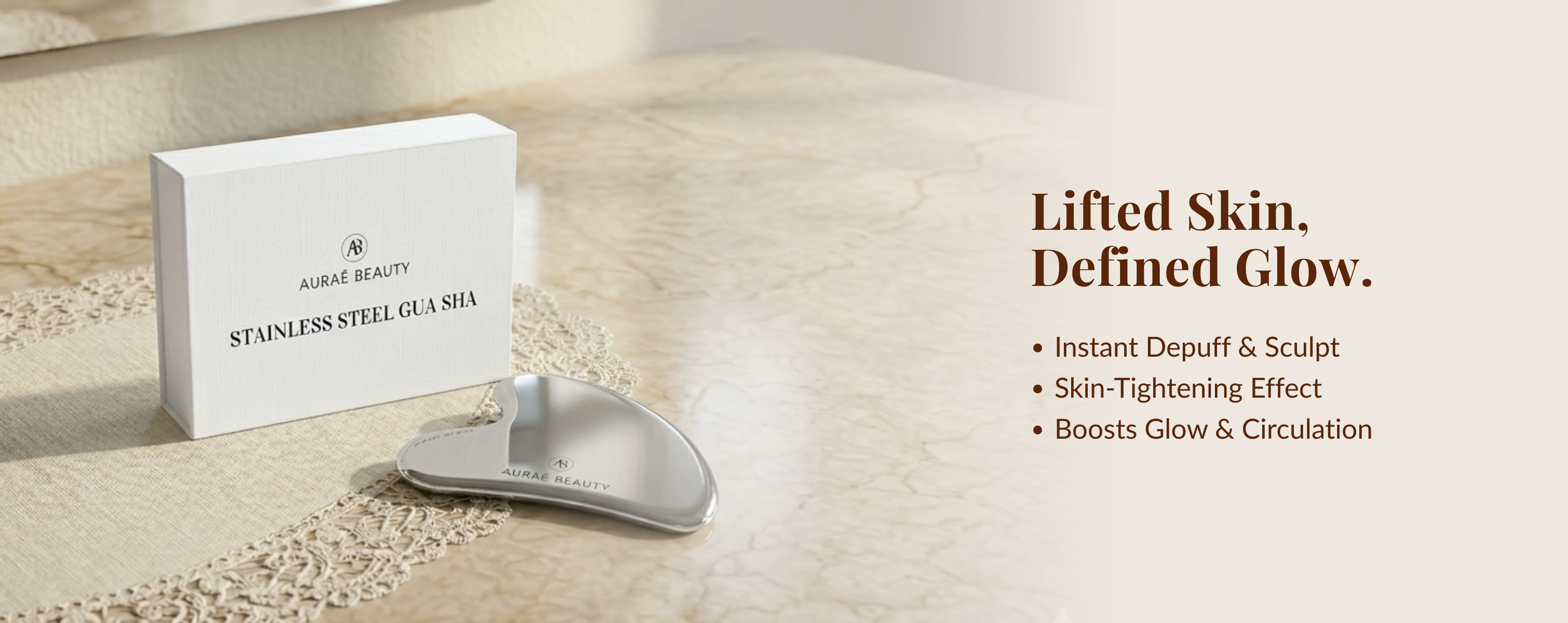 Auraé Beauty's premium stainless steel gua sha for sculpted and lifted skin, better blood circulation, removing puffiness from the face.