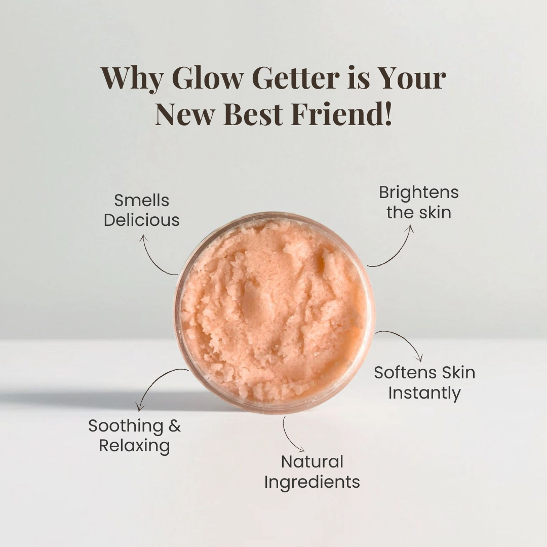 Benefits of glow getter body scrub by Auraé Beauty. 100% organic, chemical-free, no side effect. Best for unven skin texture, clogged pores, strawberry skin, dark spots, marks & pigmentation.
