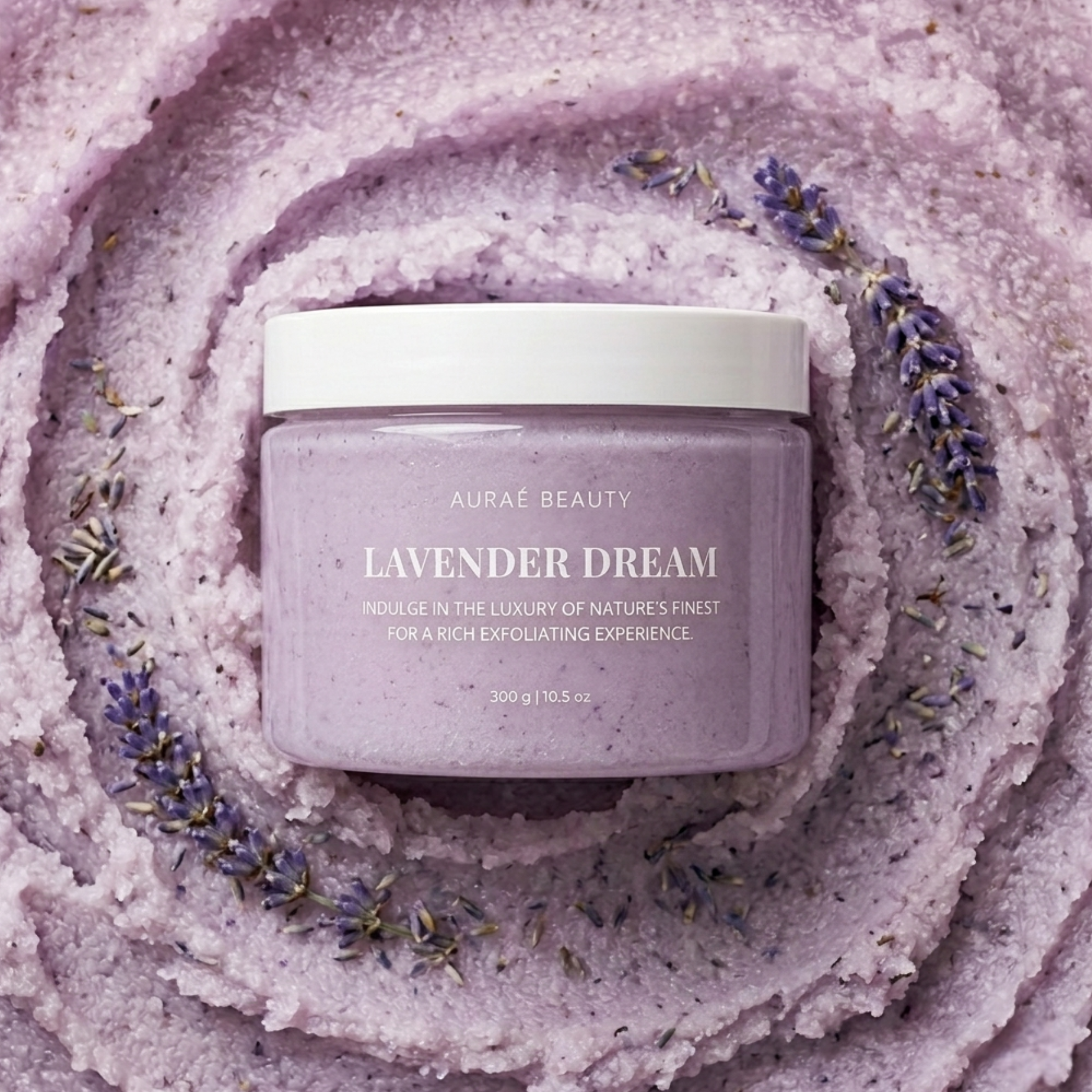 Lavender Dream Body Scrub by Auraé Beauty made of 100% organic ingredients. Best for pre-shave exfoliation, dull skin, rough patches, ingrown hair and spa treatment at home.