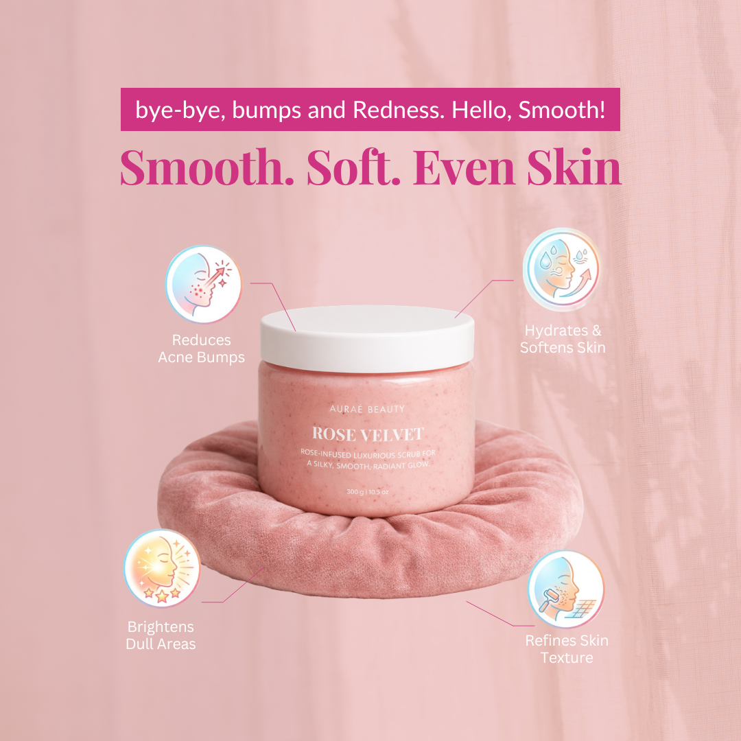 Skin benefits of 100% organic rose velvet sugar body scrub by Auraé Beauty 