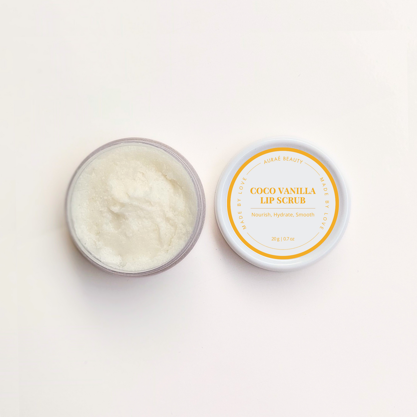 Organic Coco Vanilla lip scrub by Auraé Beauty for hydrated, soft and nourished lips naturally
