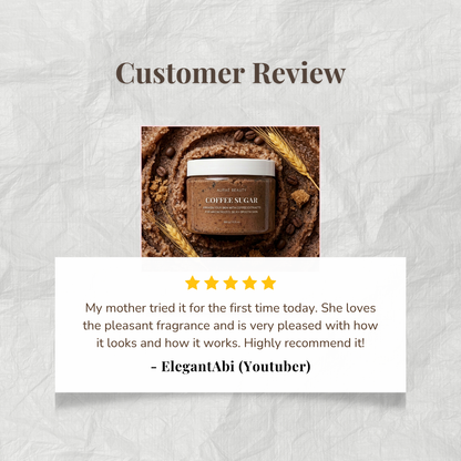 Customer review of coffee sugar body scrub by Auraé Beauty. Best for odor-free glow.