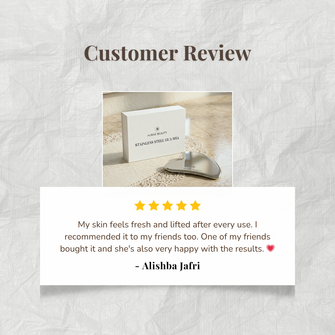 Product review of premium stainless steel gua sha by Auraé Beauty. Best for face lifting, sculpted face, better blood circulation and elimination of puffiness.