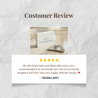 Product review of premium stainless steel gua sha by Auraé Beauty. Best for face lifting, sculpted face, better blood circulation and elimination of puffiness.