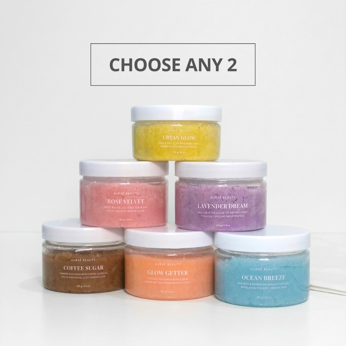 Set of six organic sugar body scrubs by Auraé Beauty for soft, smooth and skin full of glow