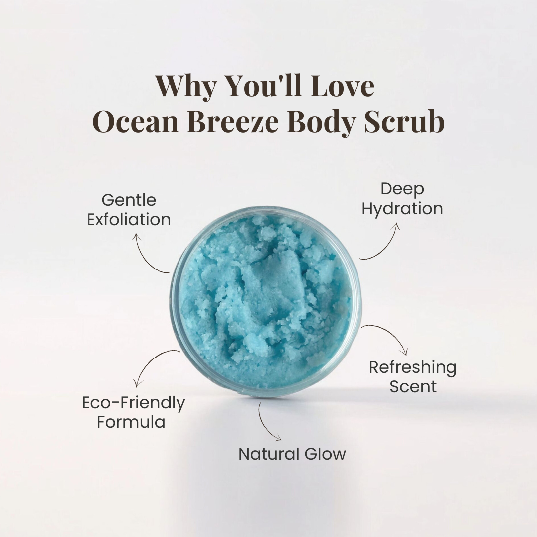 Benefits of ocean breeze body scrub by Auraé Beauty. 100% organic, chemical-free, no side effect. Best for dehydrated skin, acne-prone & oily skin, uneven skin tone and discolouration.