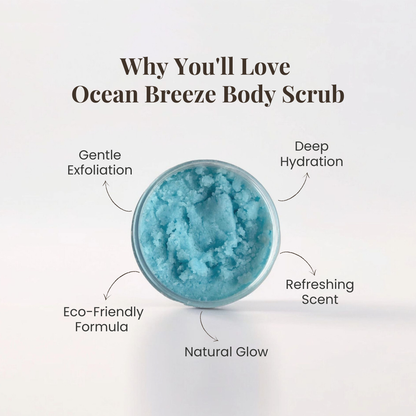 Benefits of ocean breeze body scrub by Auraé Beauty. 100% organic, chemical-free, no side effect. Best for dehydrated skin, acne-prone & oily skin, uneven skin tone and discolouration.