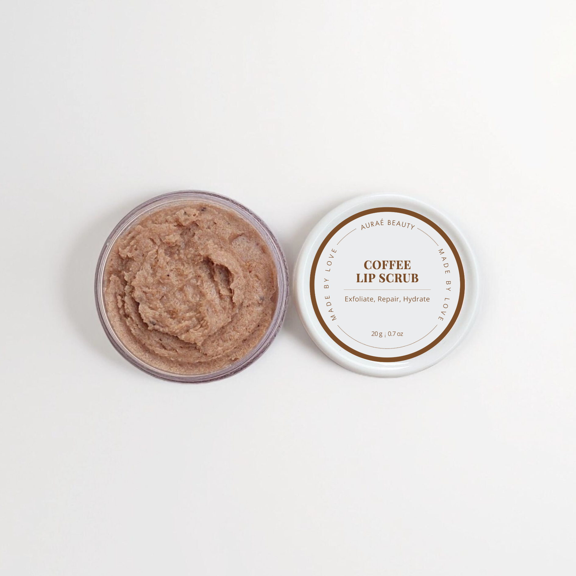 Organic coffee lip scrub by Auraé Beauty for soft, healed and naturally pink lips. Coffee kick for your iips
