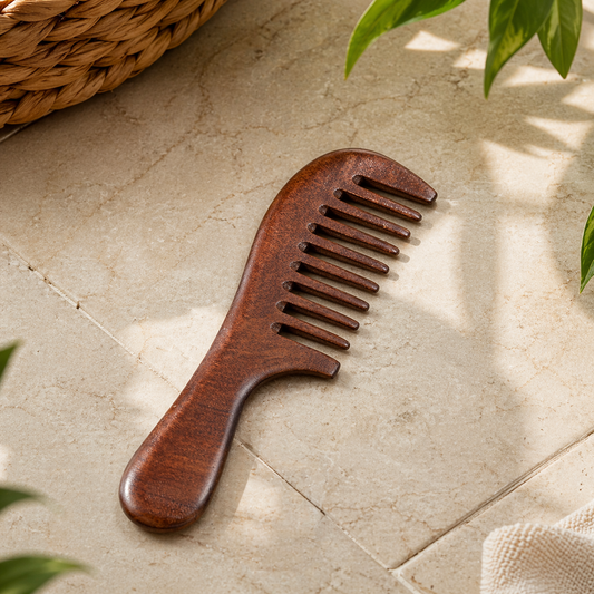 Sandalwood Wide Tooth Wooden comb by Auraé Beauty for healthy, frizz-free hair and less hair breakage. 100% Natural Hair Care. Healthy hair. Bye bye Frizzy hair. Less hairfall.