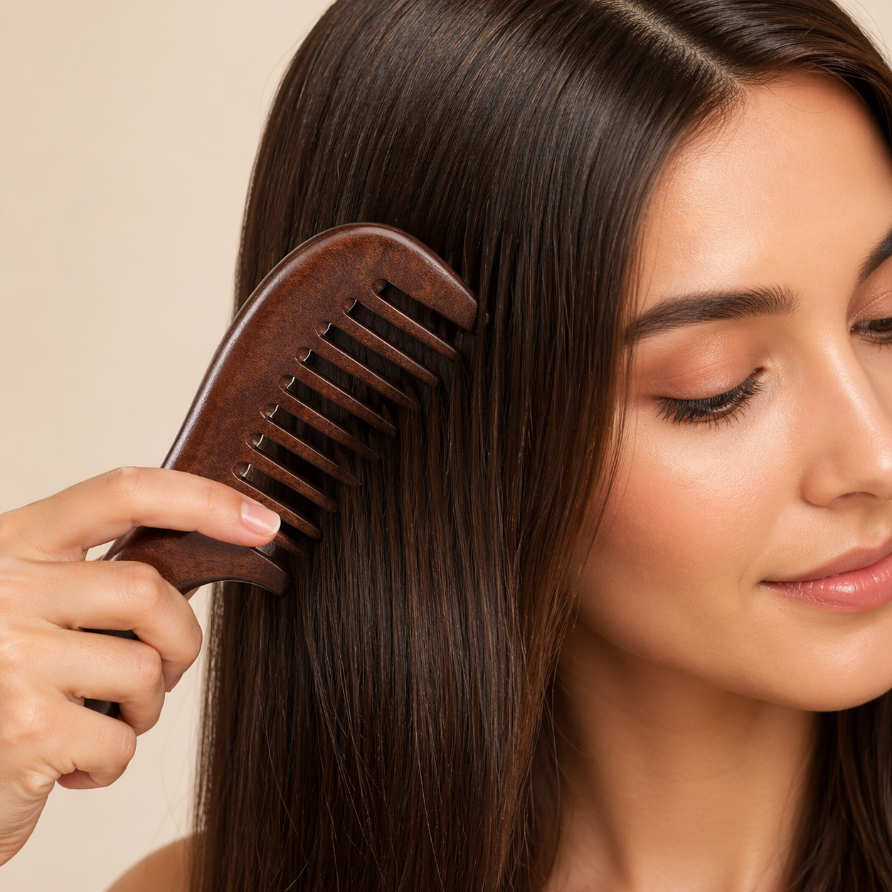 Woman brushing her long, dark hair with a sandalwood wooden comb by Auraé Beauty.