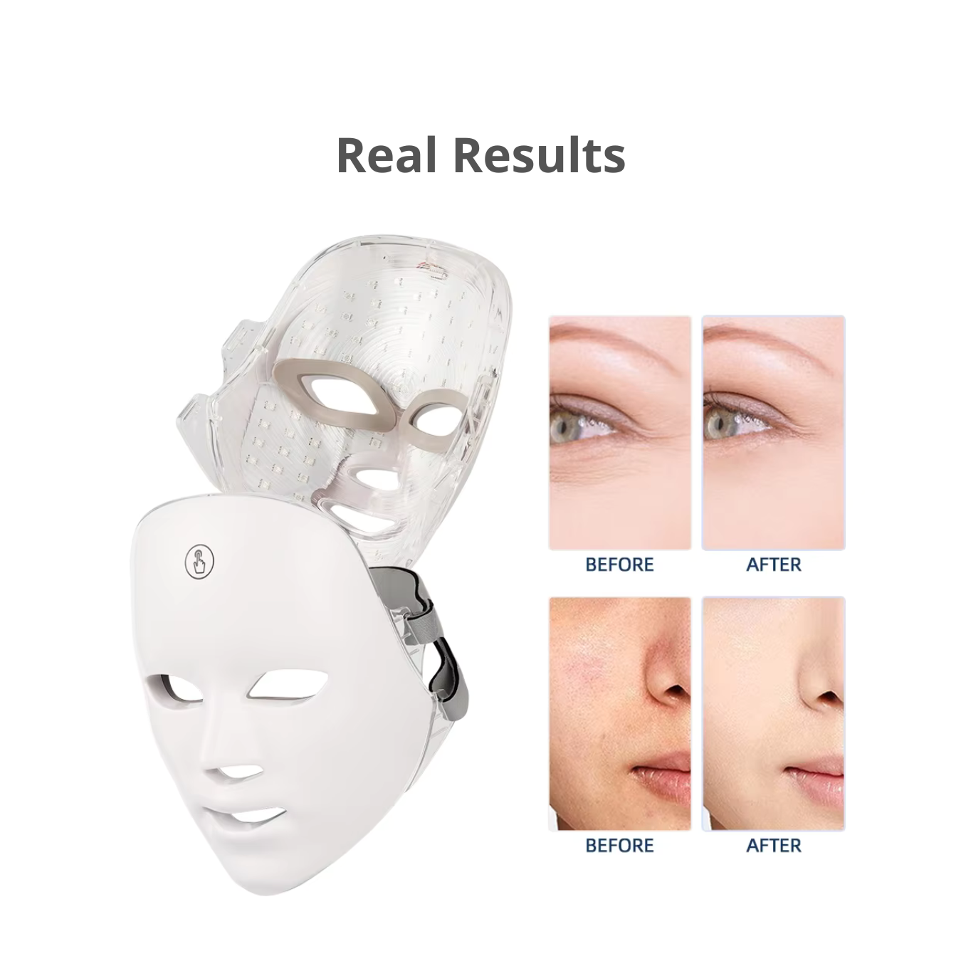 Before and after skincare benefits of LED light therapy face mask with anti aging benefits