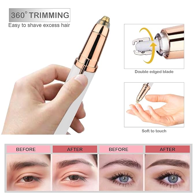 Before and after images of using electric eyebrow hair trimmer