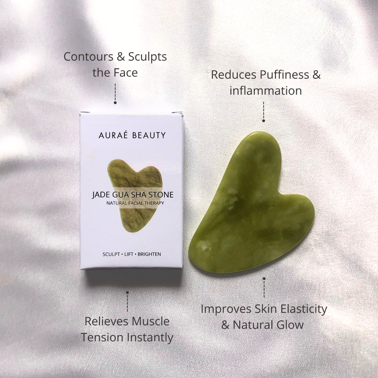 Benefits of Auraé Beauty jade gua sha stone. contours and sculpts the face, reduces puffiness and inflammation relieves muscles tension instantly and improves skin elasticity and natural glow