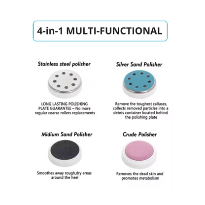 Display of 4 functional heads of 4 in 1 electric pedicure tool with their usage and benefits