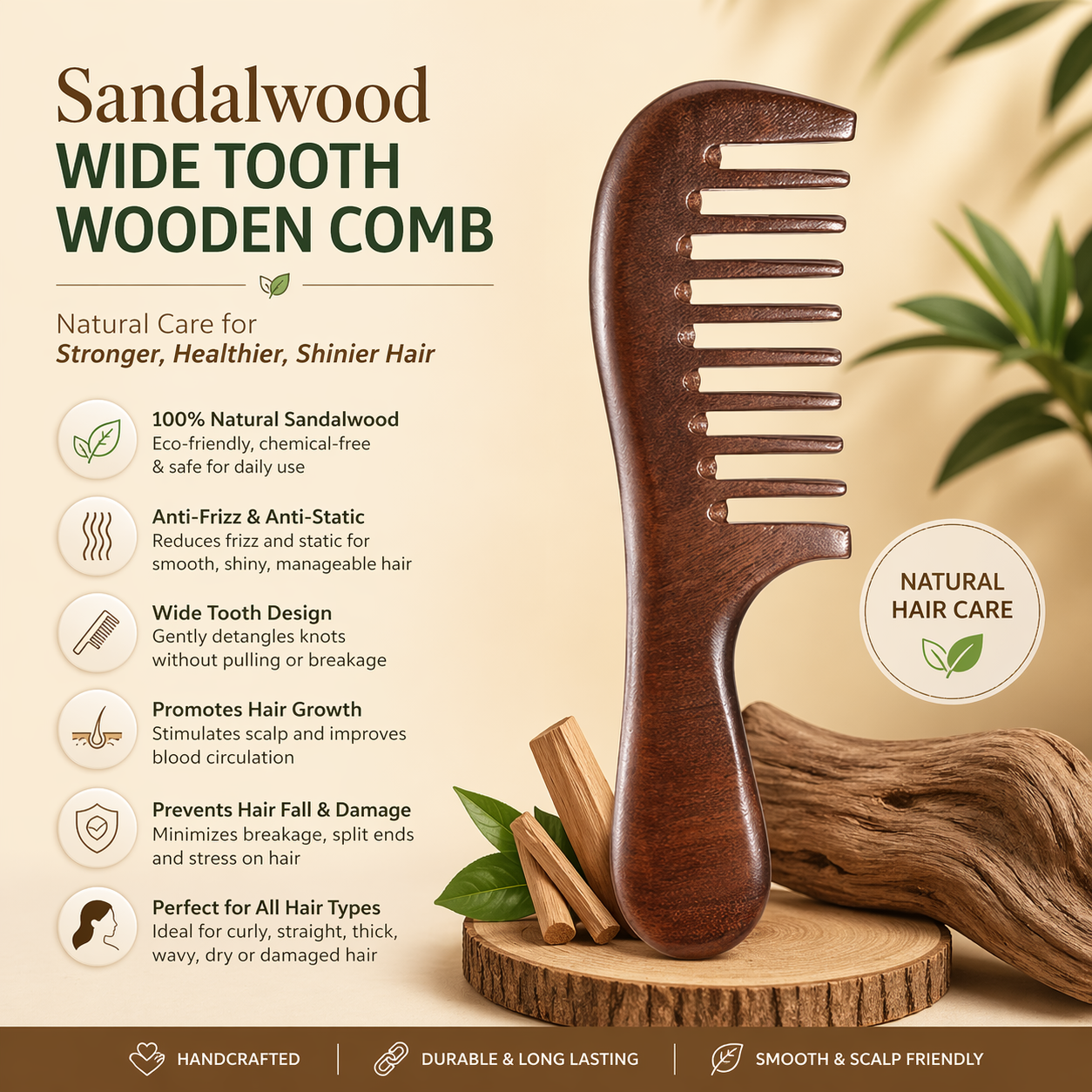 Benefits of Sandalwood Wide Tooth Wooden Comb by Auraé Beauty. 100% real wood. Less hairfall. No hair breakage. Healthy and frizz-free hair