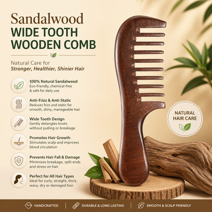 Benefits of Sandalwood Wide Tooth Wooden Comb by Auraé Beauty. 100% real wood. Less hairfall. No hair breakage. Healthy and frizz-free hair