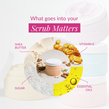 Detailing of the ingredients in Auraé Beauty's organic sugar body scrub like shea butter, vitamin E, sugar, essential oils